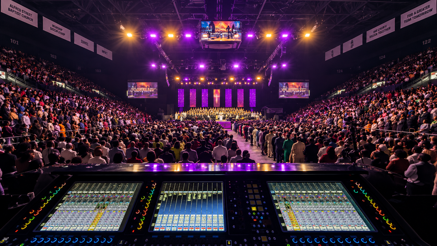 AI-edited reconstruction of the supplied Easter front-of-house photograph, showing a mixing console, arena audience, and illuminated stage.